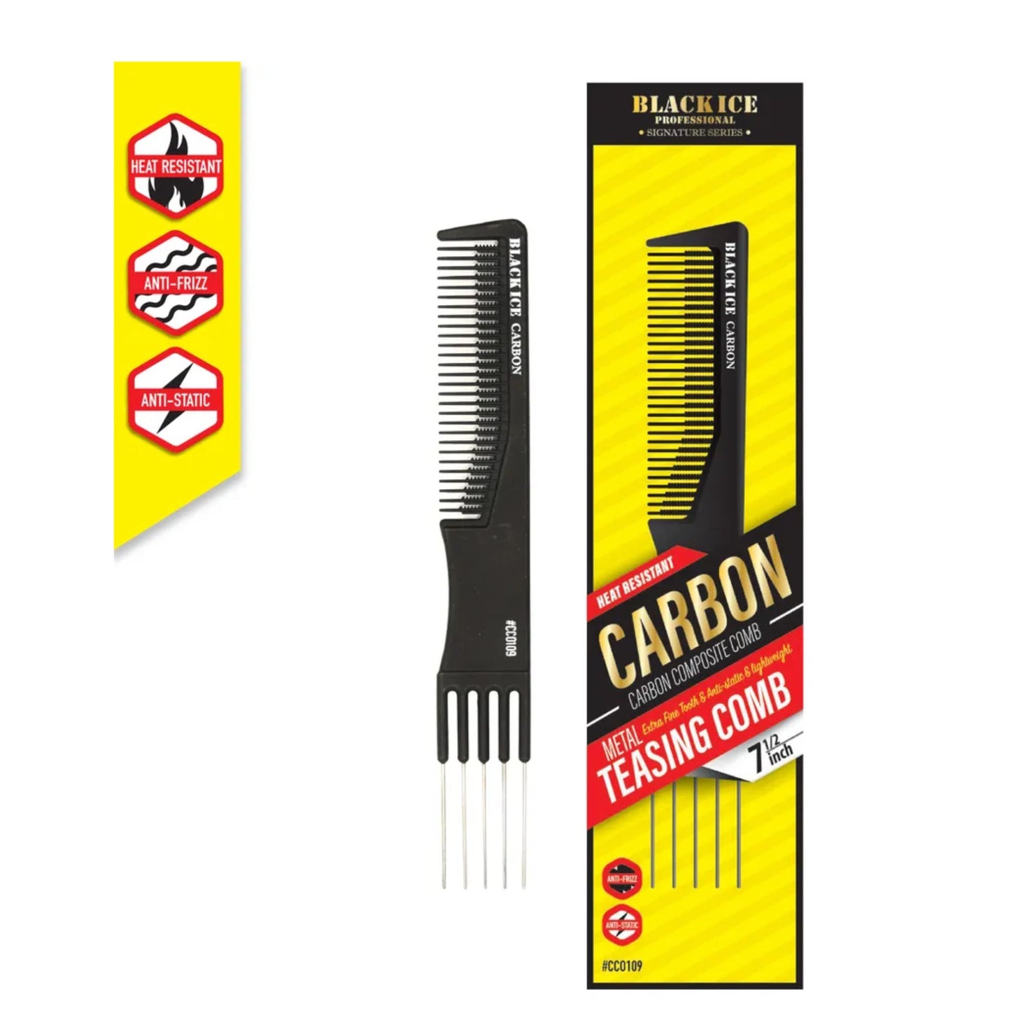 Black Ice Carbon Metal Teasing Comb 7.5 inch